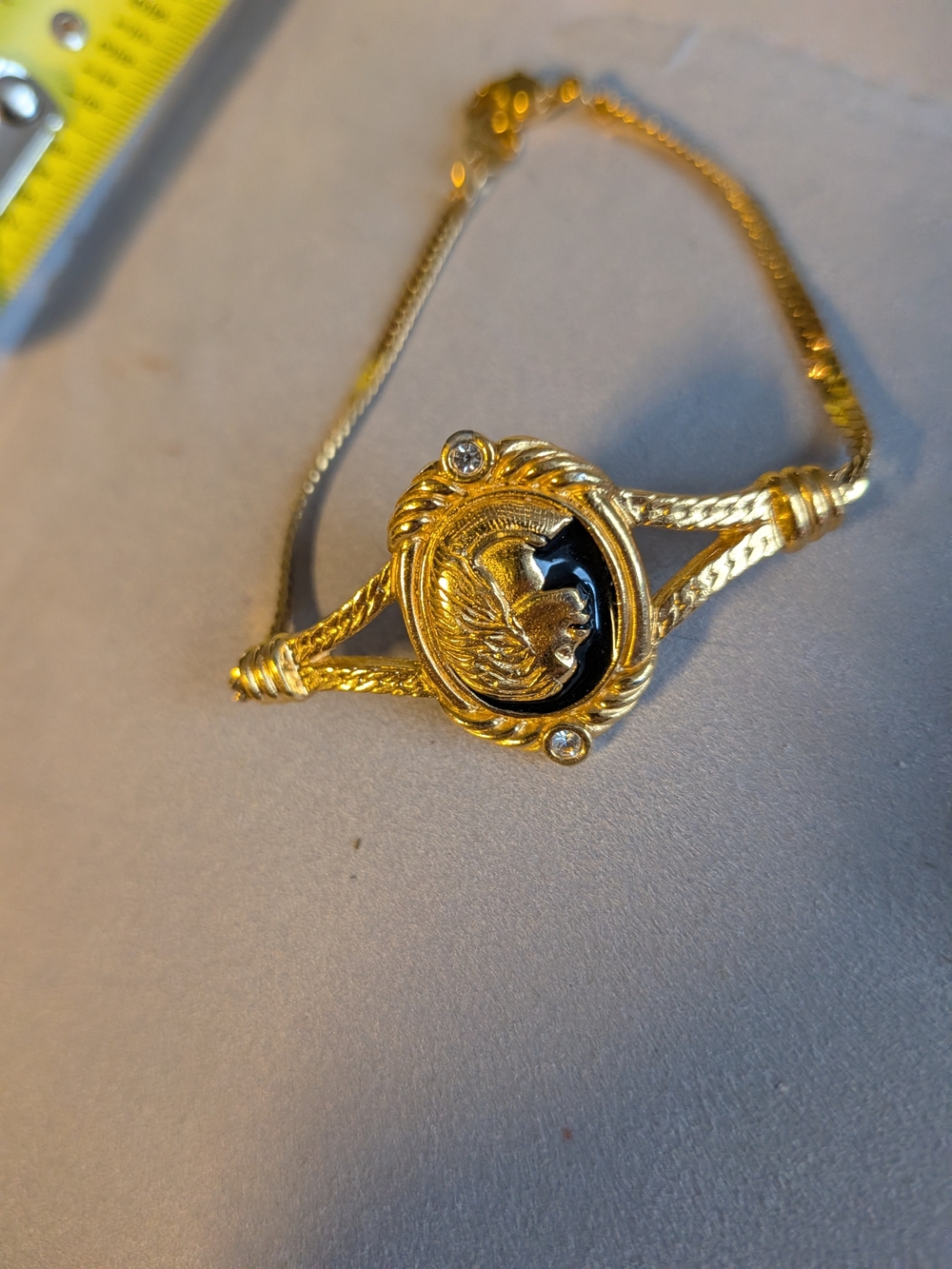 Gold-Tone Signed Cameo Bracelet with Black Enamel Accent